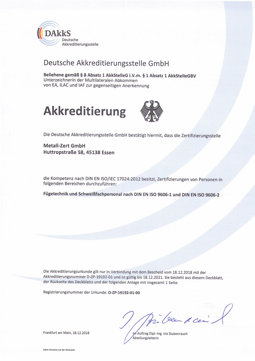 Akkreditierung der Metall-Zert GmbH für EN ISO 9606